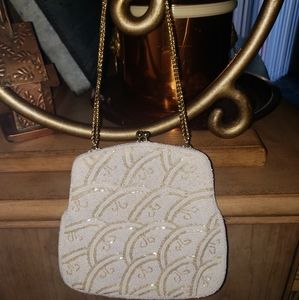 White Beaded Handbag Opalescent Glass Seed Beads Chain Strap Made in Korea